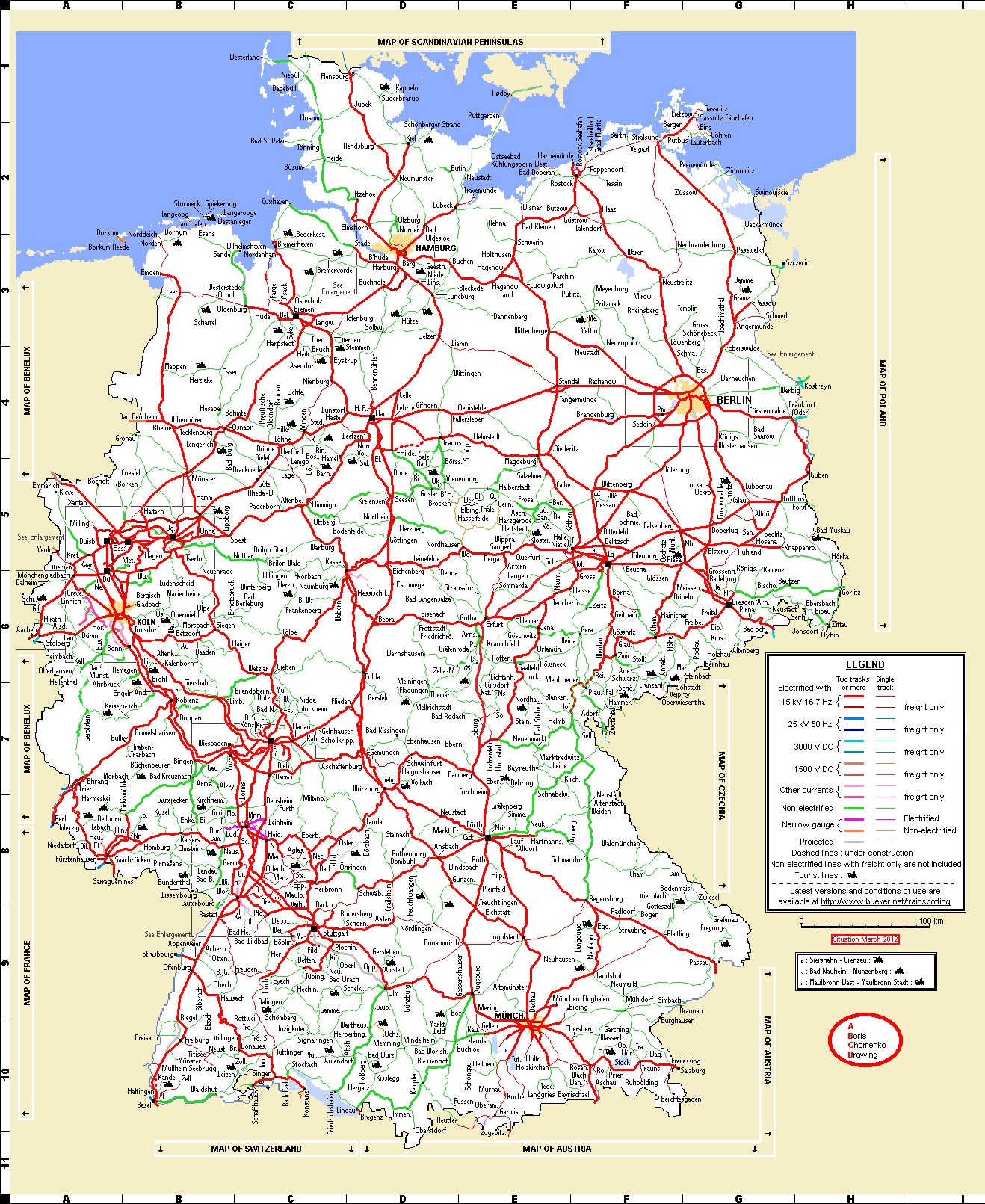Železniční mapa Německa. Jak je vidět, jedna z nejhustších a nejvíce elektrifikovaných sítí v Evropě patří Němcům, ale to už pro potřeby budoucnosti stačit nebude!